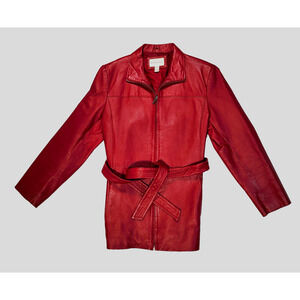 Worthington Womens Red Leather Full Zip Jacket Mid-Length Coat With Belt Size XL